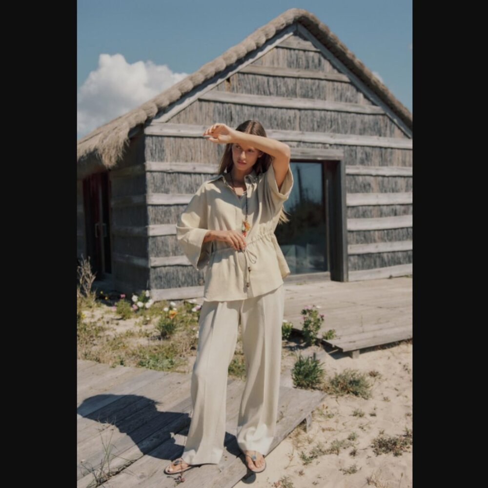 Zara Linen Blend Straight Wide Leg Pants Trousers Shade Light Beige Sz M $49.90